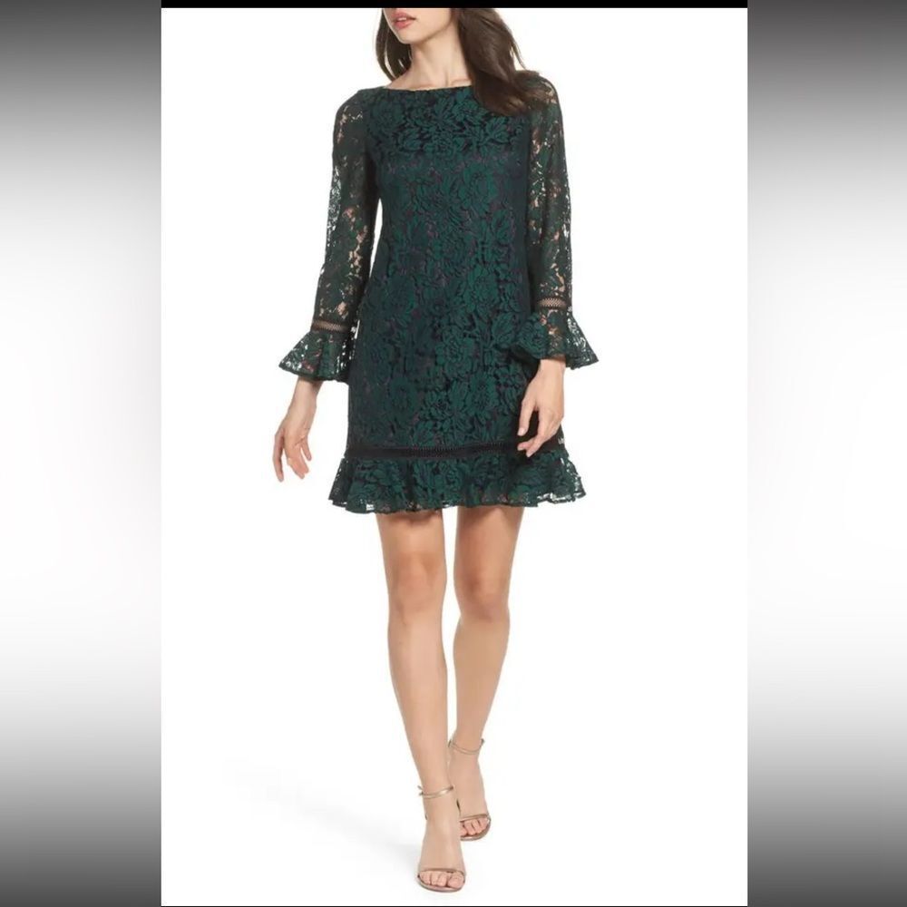 Eliza J Bell Sleeve‎ Lace Shift Dress Dark Green Ruffle Hem Floral size 2 mini
